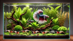 betta tank with bettas fish and amano Shrimps, illustration