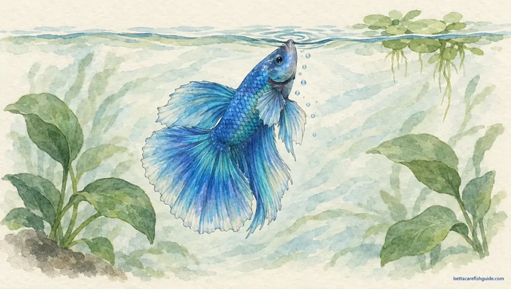 Watercolor illustration of a blue halfmoon betta fish breathing heavily at the water surface near aquatic plants