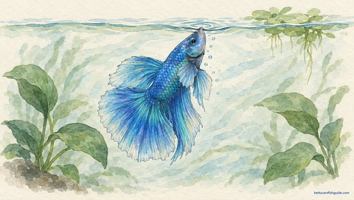 Watercolor illustration of a blue halfmoon betta fish breathing heavily at the water surface near aquatic plants