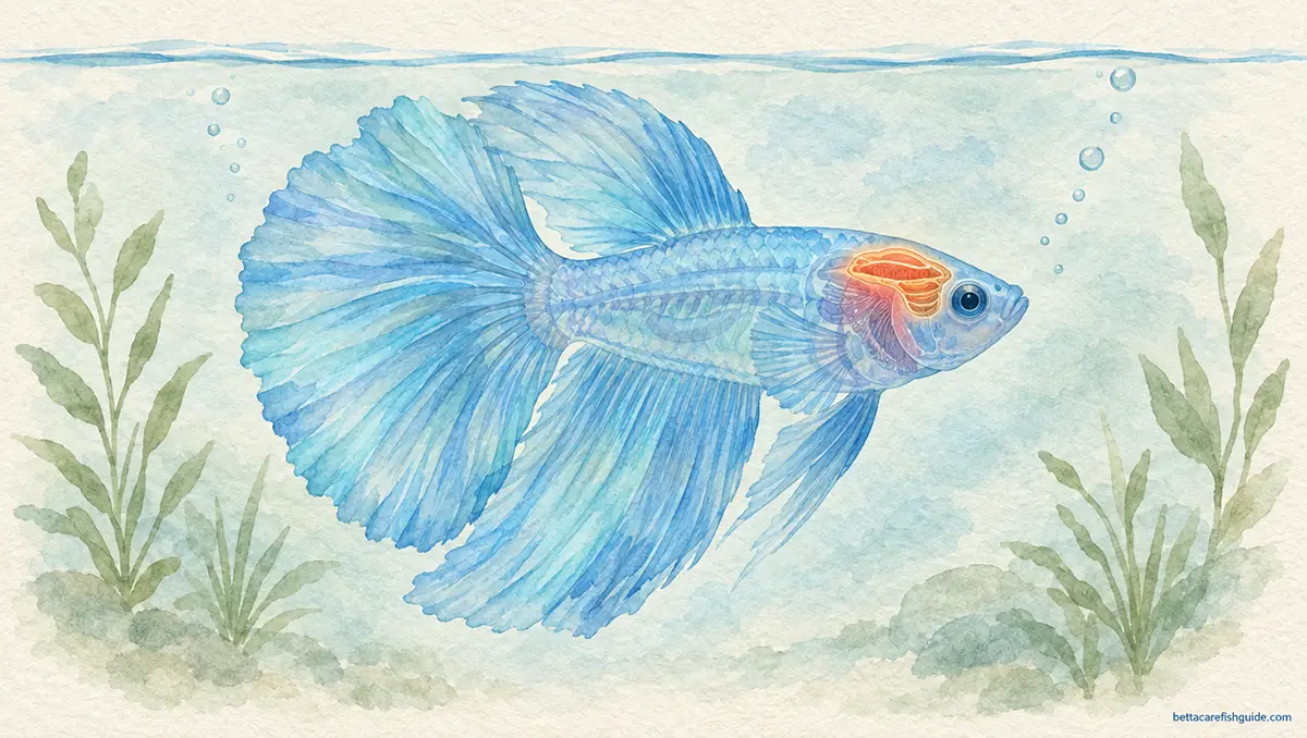 Watercolor anatomical illustration of a blue halfmoon betta fish with labyrinth organ highlighted behind the eye"