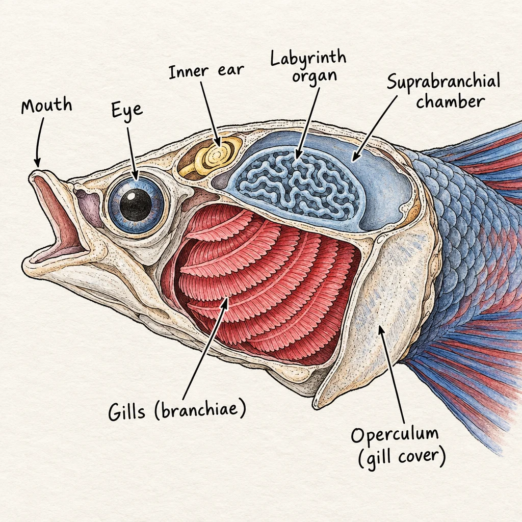 Anatomical cross-section diagram of Betta fish head showing labyrinth organ, suprabranchial chamber, gills, inner ear, and respiratory structures