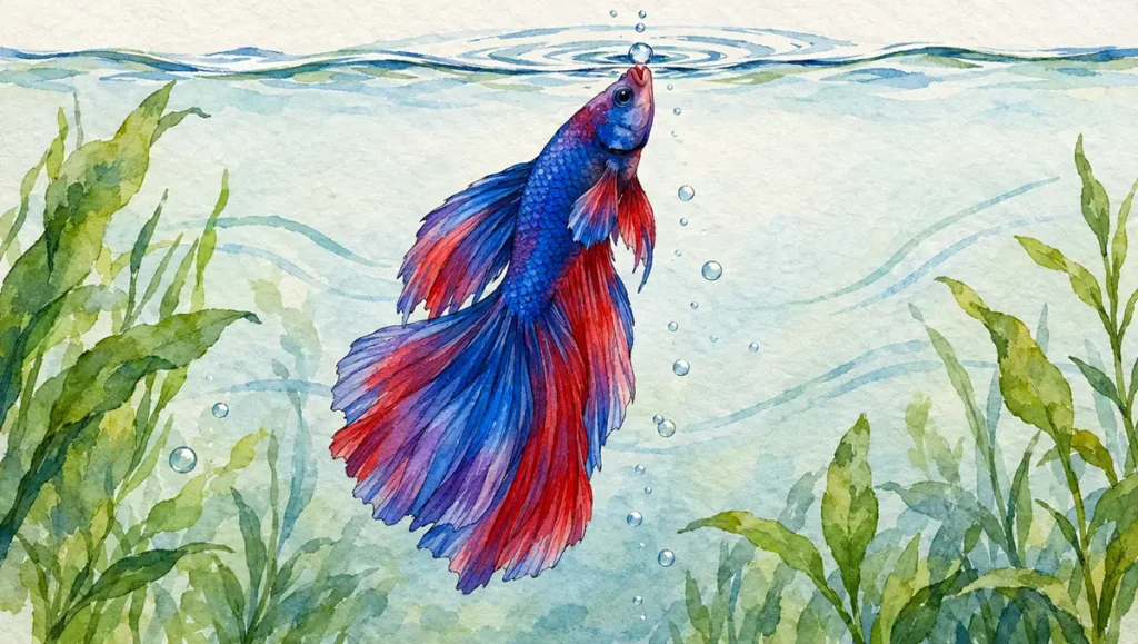 Artistic watercolor illustration of Betta fish breathing at water surface with air bubble