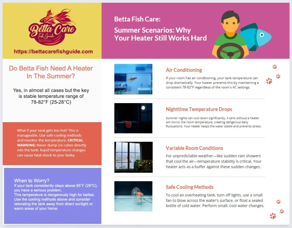 Infographic from Betta Care Fish Guide answering 'Do Betta Fish Need A Heater In The Summer?'. It confirms yes, explains the importance of a stable 78-82°F range, and lists summer scenarios like AC and safe cooling methods.