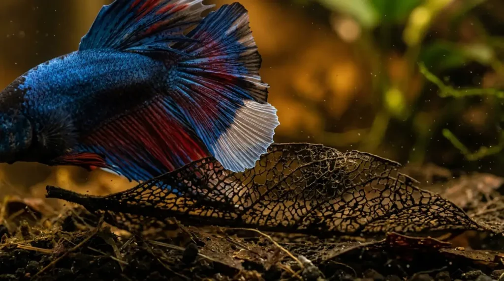 Close-up of betta fin edge healing near a decomposing Indian almond leaf