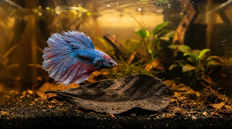Halfmoon betta fish near a dried Indian almond leaf in amber tannin-stained aquarium water
