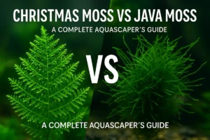 A side-by-side comparison image showing the difference between Christmas Moss on the left and Java Moss on the right, with clear labels for each within a planted aquarium