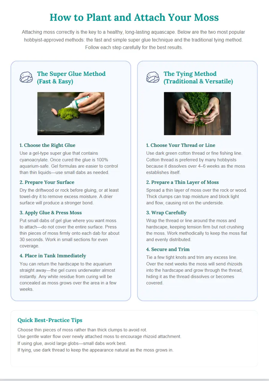 Infographic comparing the super glue and tying methods for attaching aquarium moss. It shows step-by-step instructions for each technique and includes quick best-practice tips.