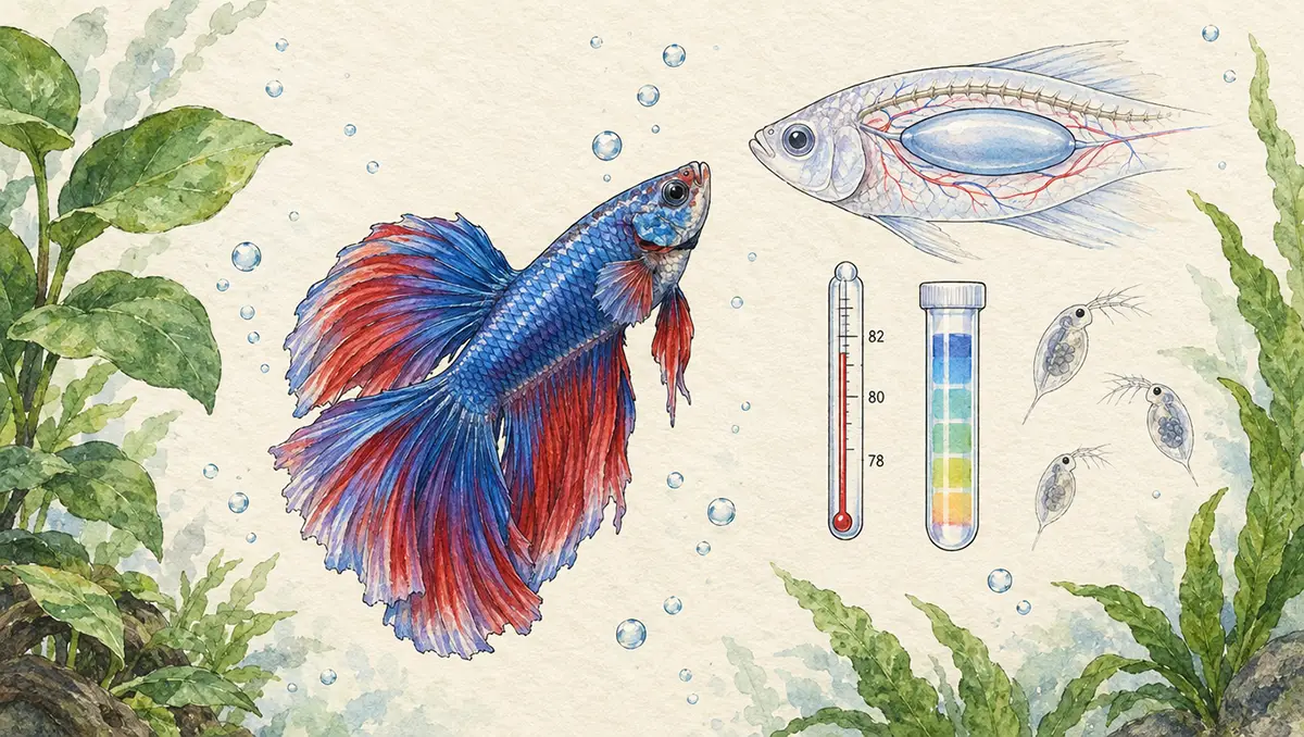 Artistic watercolor illustration of betta fish with swim bladder difficulty showing buoyancy problem, anatomical swim bladder organ, diagnostic elements, and treatment references