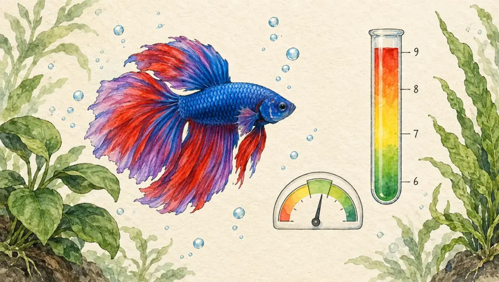 Artistic watercolor illustration of betta fish with pH test tube showing color gradient scale and safe range indicator