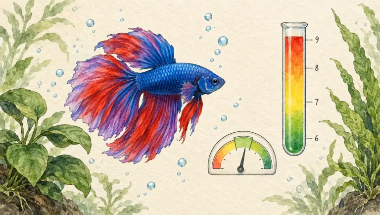 Artistic watercolor illustration of betta fish with pH test tube showing color gradient scale and safe range indicator
