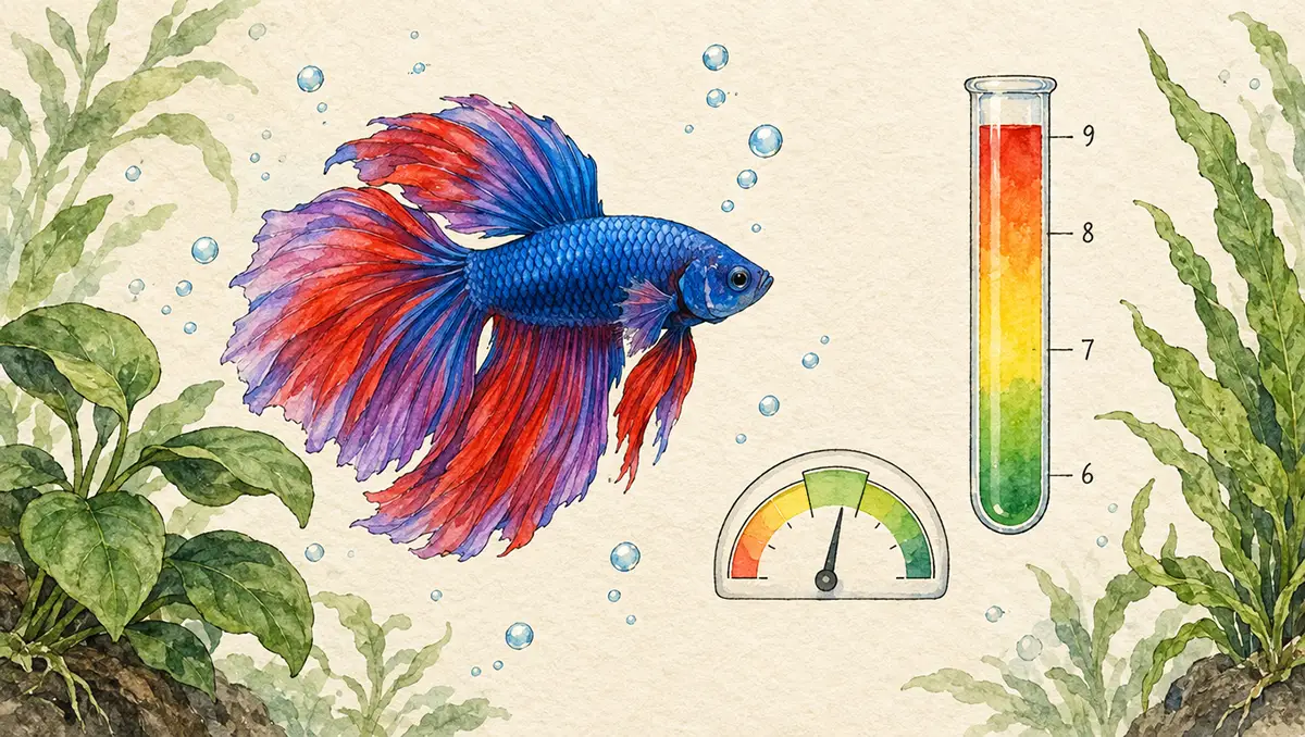 Artistic watercolor illustration of betta fish with pH test tube showing color gradient scale and safe range indicator