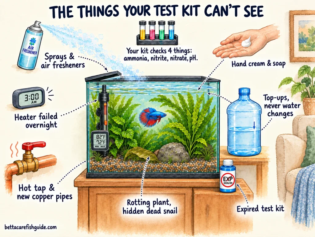 Watercolor of a betta tank surrounded by hidden dangers a test kit misses: sprays, hand cream, failed heater, rotting plant, expired test kit, copper pipes, top-ups