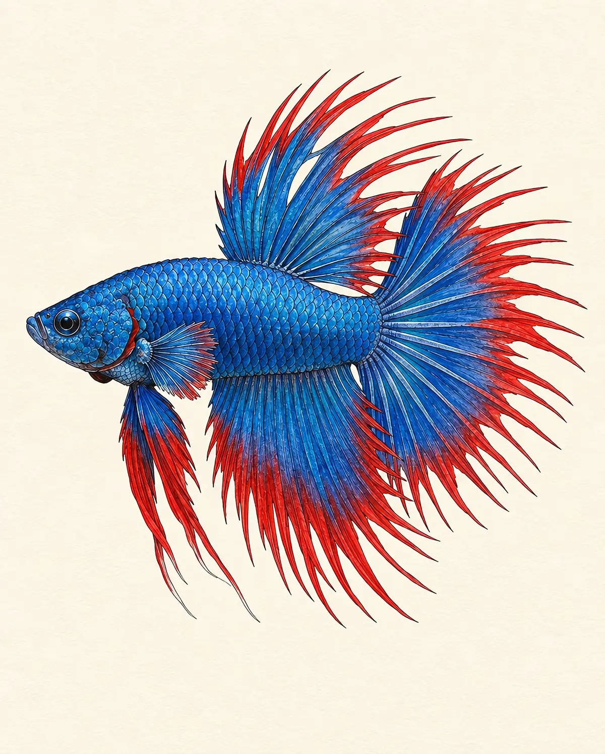 Crowntail betta with spiky rays extending well beyond the fin webbing
