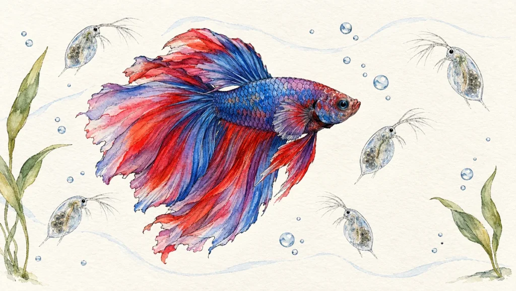 Illustration aquarelle de poisson Betta chassant des daphnies dans un environnement aquatique naturel