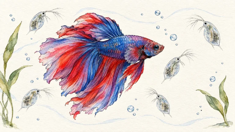 Illustration aquarelle de poisson Betta chassant des daphnies dans un environnement aquatique naturel