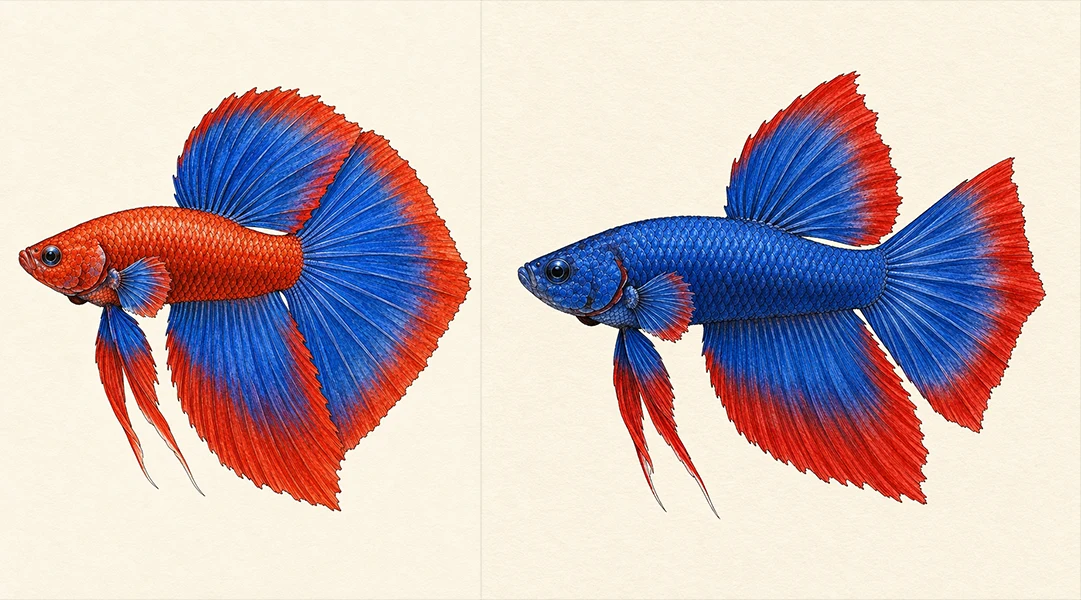 Delta betta with narrow triangular tail next to a super delta betta with a wider fan-shaped tail