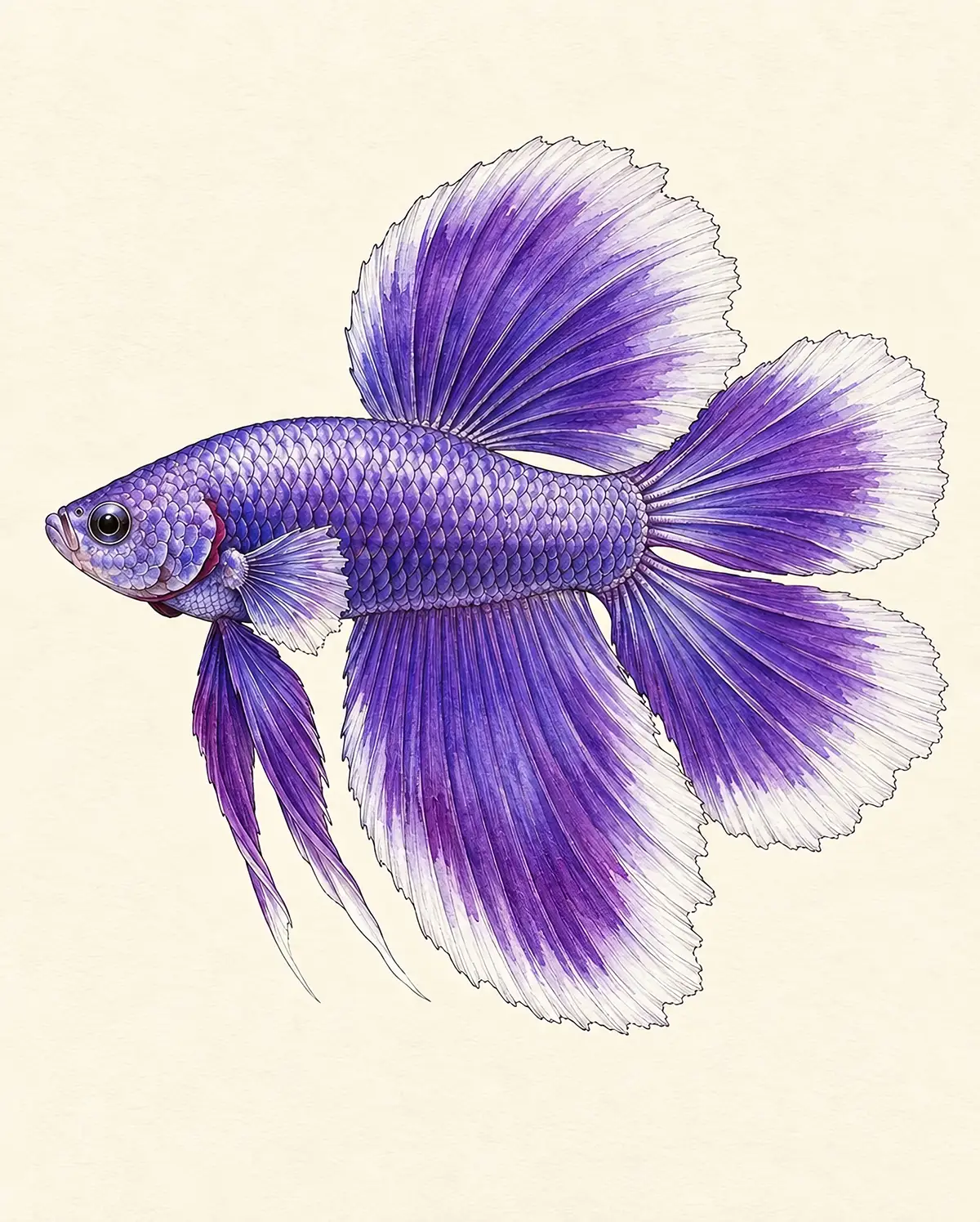 Doubletail betta with two separate tail lobes and a wide dorsal fin