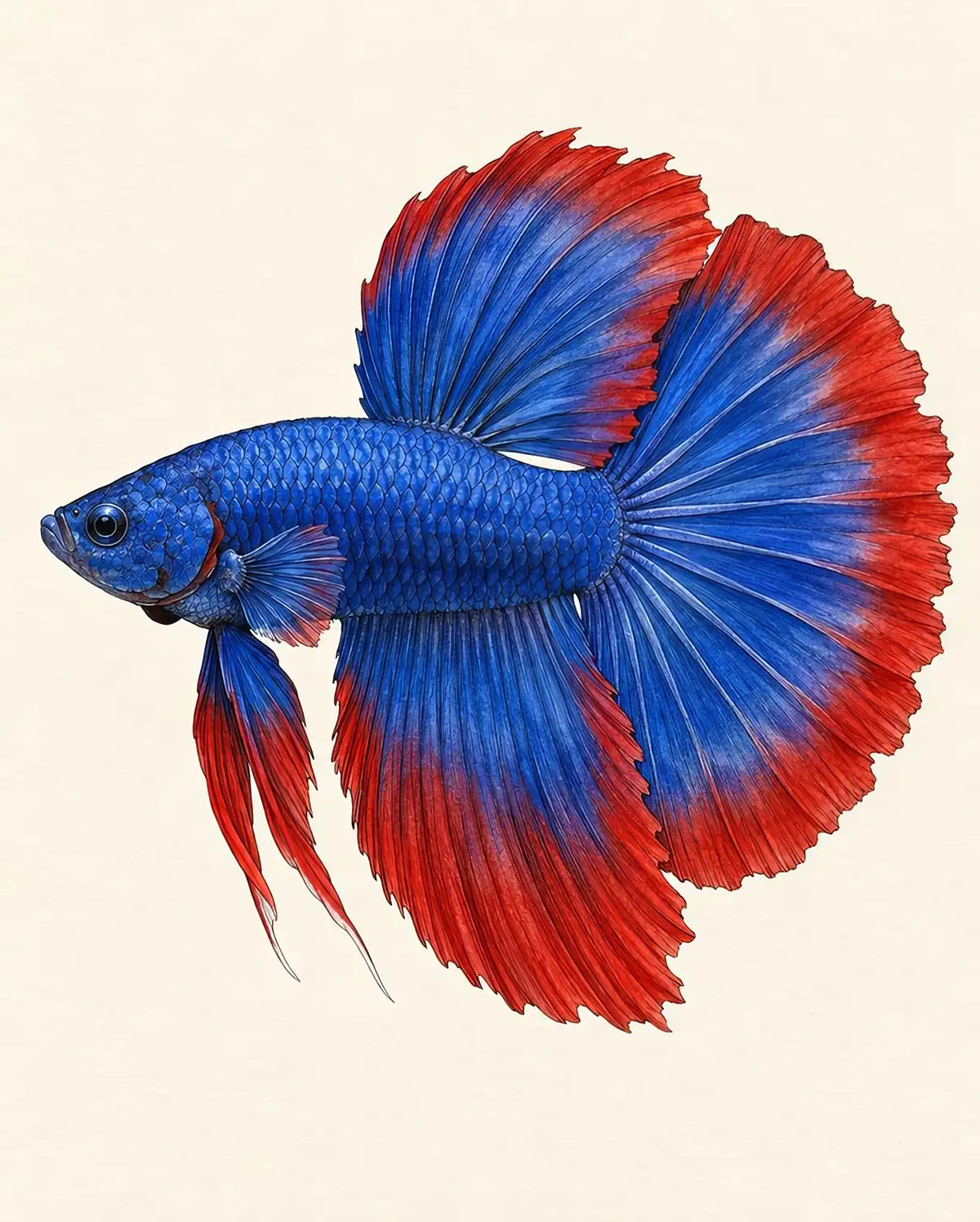 Halfmoon betta with tail flared to a full 180-degree D shape