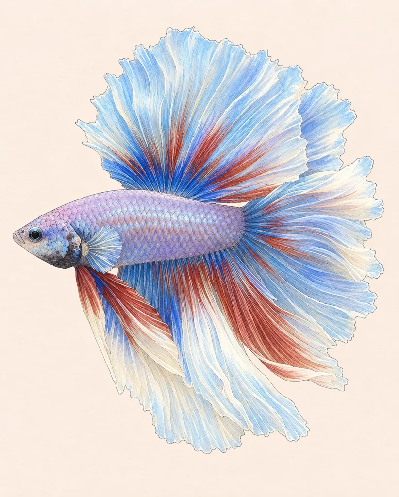 Rosetail betta in side view with heavily branched fins folding into overlapping, petal-like waves and clean pale edges
