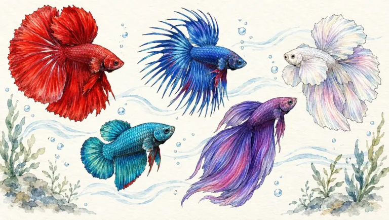 Artistic watercolor illustration of multiple Betta fish displaying diverse fin forms and tail shapes in vibrant colors