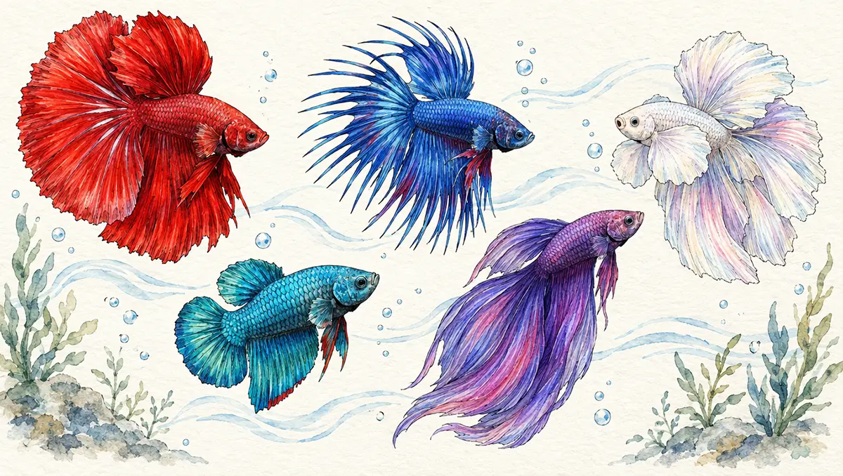 Artistic watercolor illustration of multiple Betta fish displaying diverse fin forms and tail shapes in vibrant colors