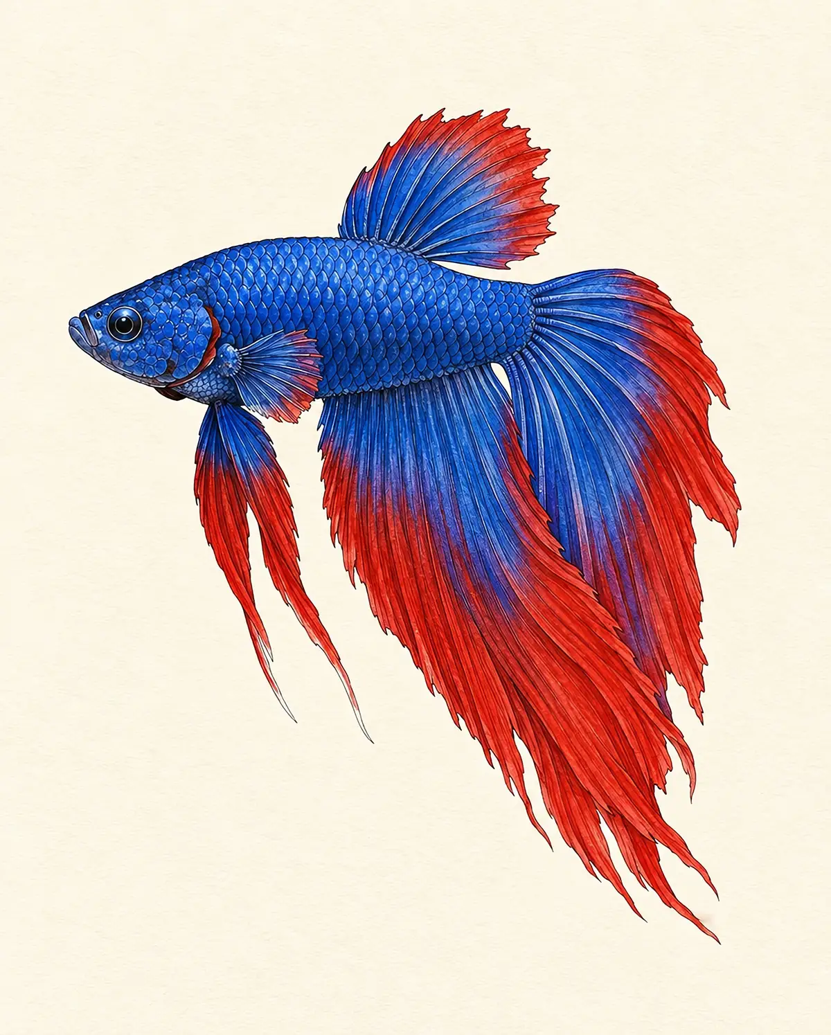 Veiltail betta with long, drooping asymmetrical tail