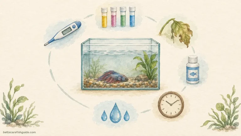 Watercolor illustration of betta fish in aquarium with diagnostic elements including test kit, thermometer, and aquatic plants