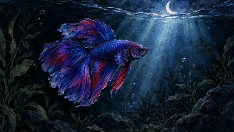 Nocturnal watercolor illustration of Betta fish in darkness with moonlight beam filtering through water