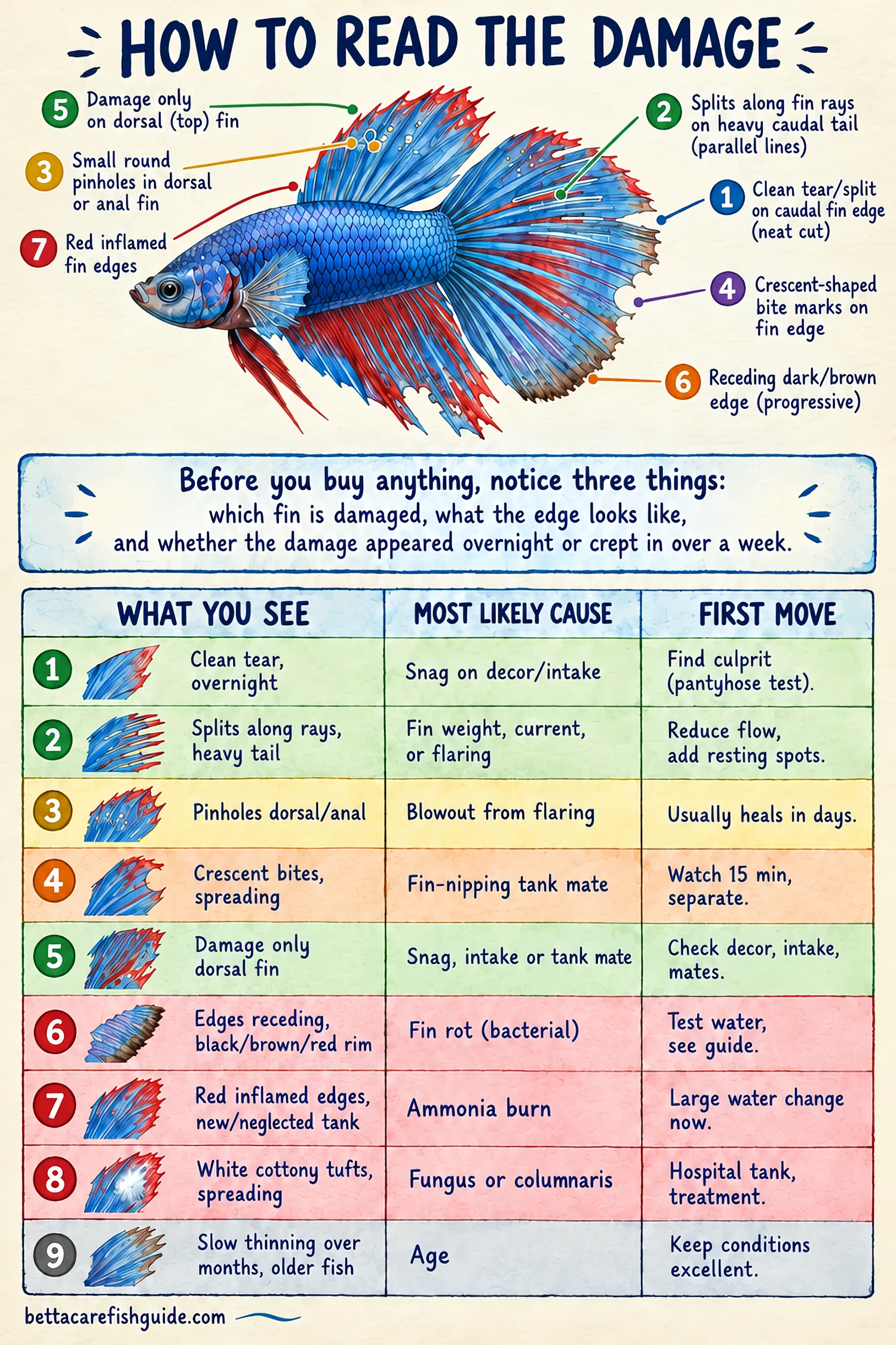 Betta fin damage chart: tears, splits, pinholes, nip marks, fin rot and ammonia burn, with causes and first steps