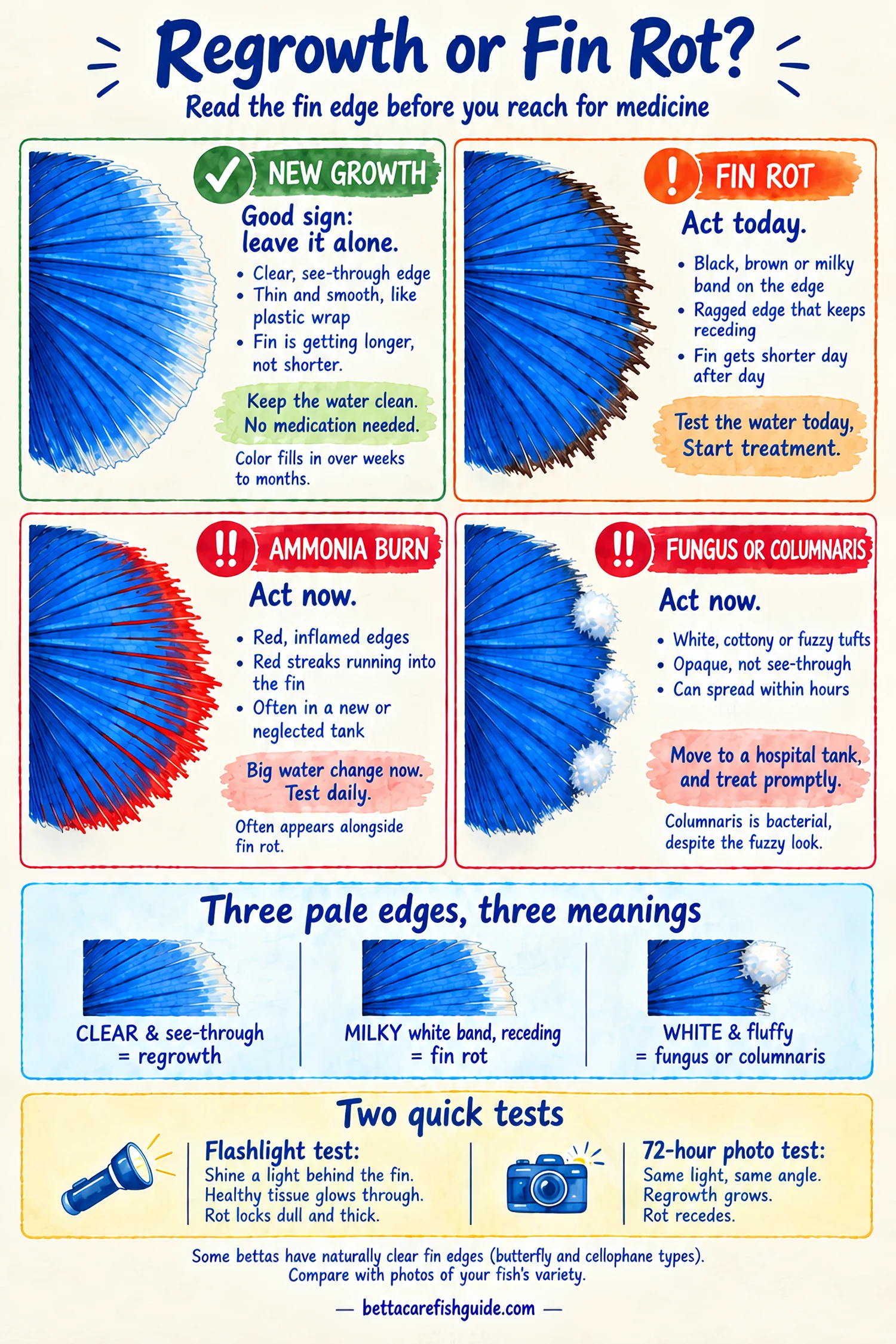 Comparison of four betta fin edges: clear smooth new growth, dark receding fin rot, red streaked ammonia burn, and white cottony fungus or columnaris, with what to do for each