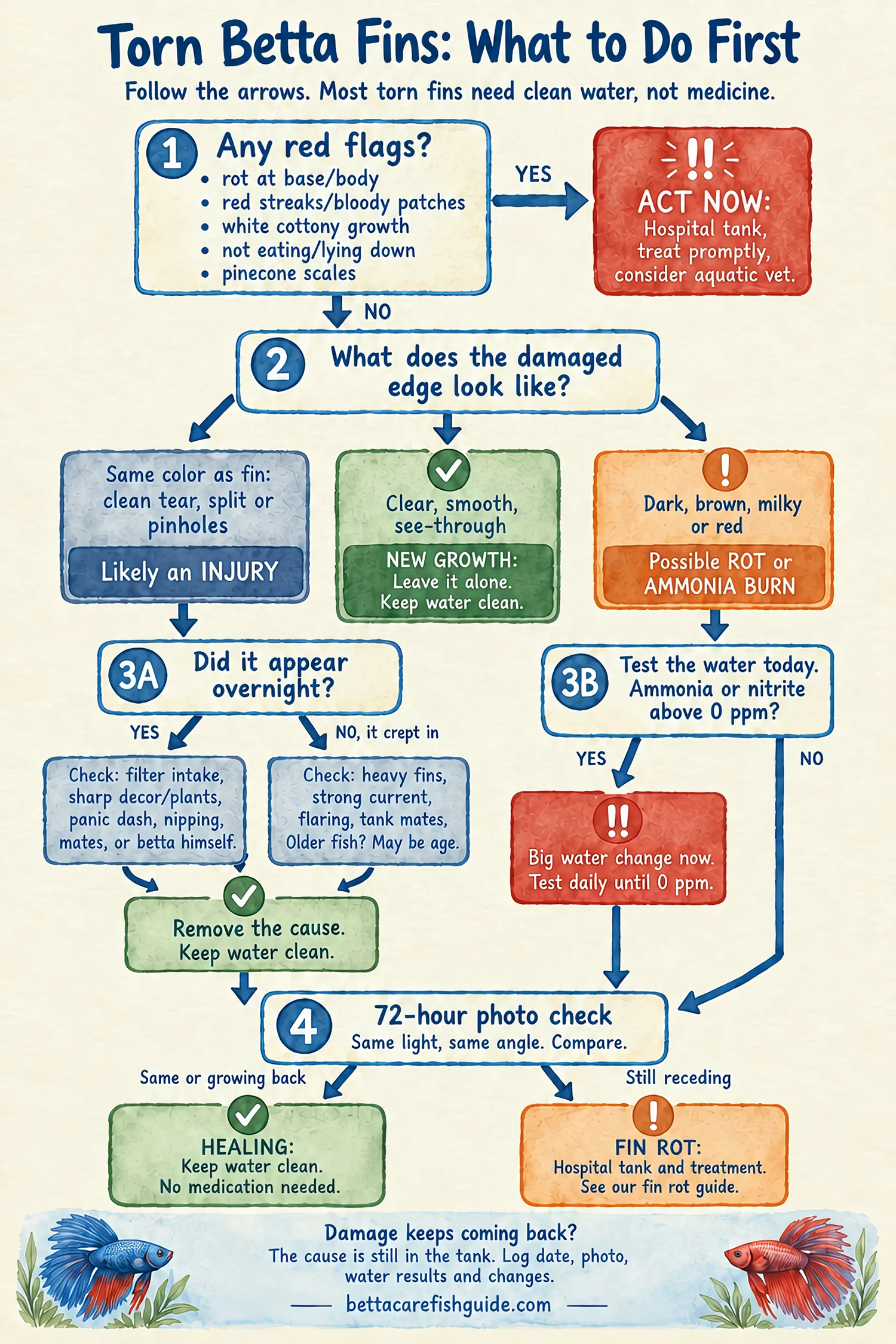 Decision tree for torn betta fins: check for red flags, read the fin edge, find the cause of an injury or test the water if the edge is discolored, then use a 72-hour photo check to choose between clean water and fin rot treatment