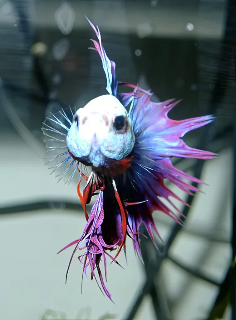 Healthy male crowntail betta with fin rays extending past the webbing, a natural trait of the variety, not fin damage