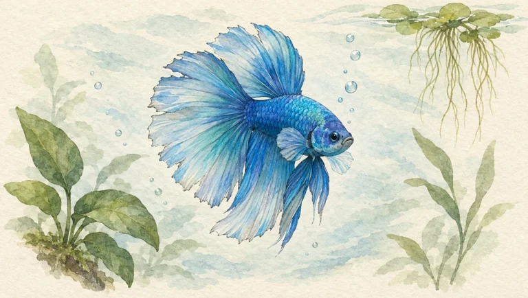 Watercolor illustration of a blue halfmoon betta fish with damaged fins swimming among aquatic plants
