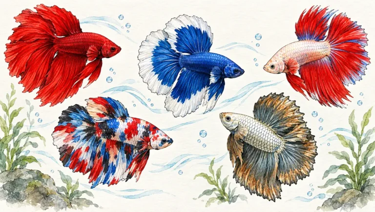 Artistic watercolor illustration of multiple Betta fish displaying vibrant color patterns including solid, bicolor, marble, and metallic varieties