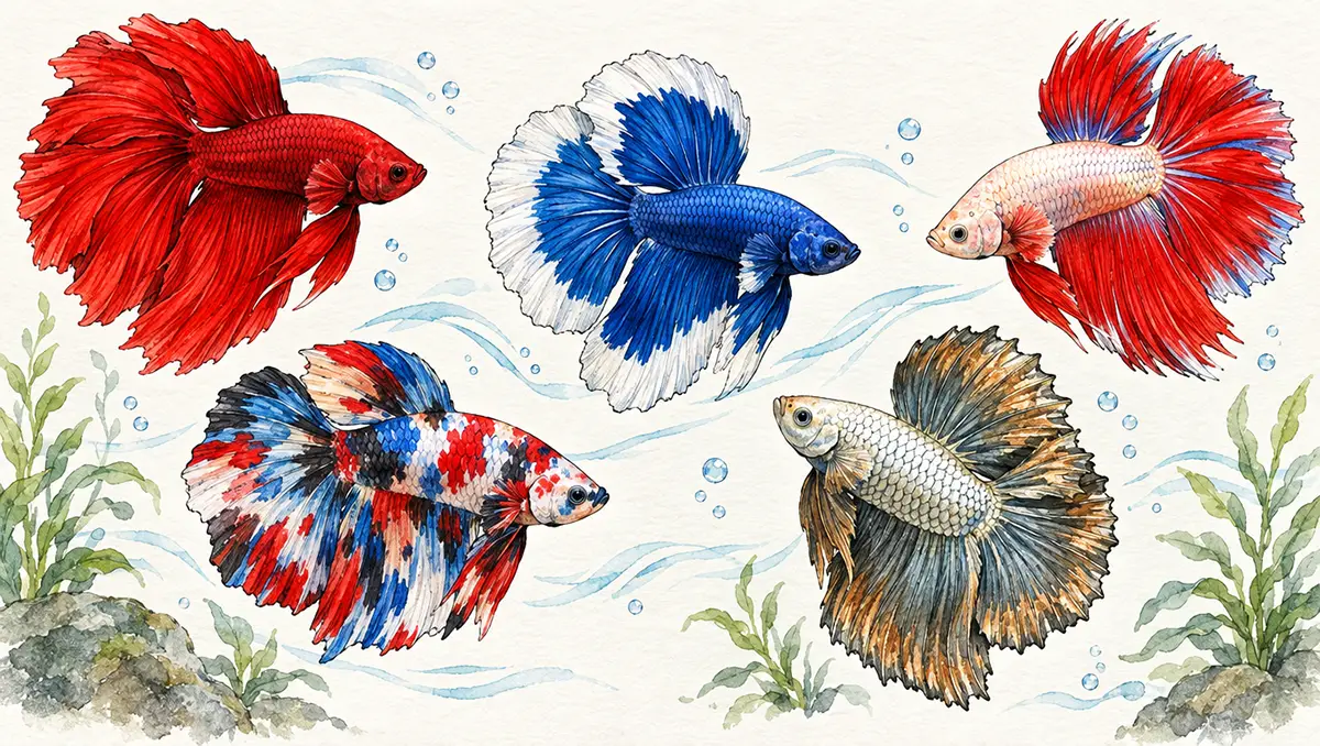 Artistic watercolor illustration of multiple Betta fish displaying vibrant color patterns including solid, bicolor, marble, and metallic varieties