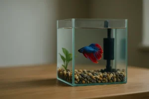 A lone blue and red betta fish in a small, bare 2.5-gallon tank, illustrating why this size is too small for a betta, let alone with tank mates.