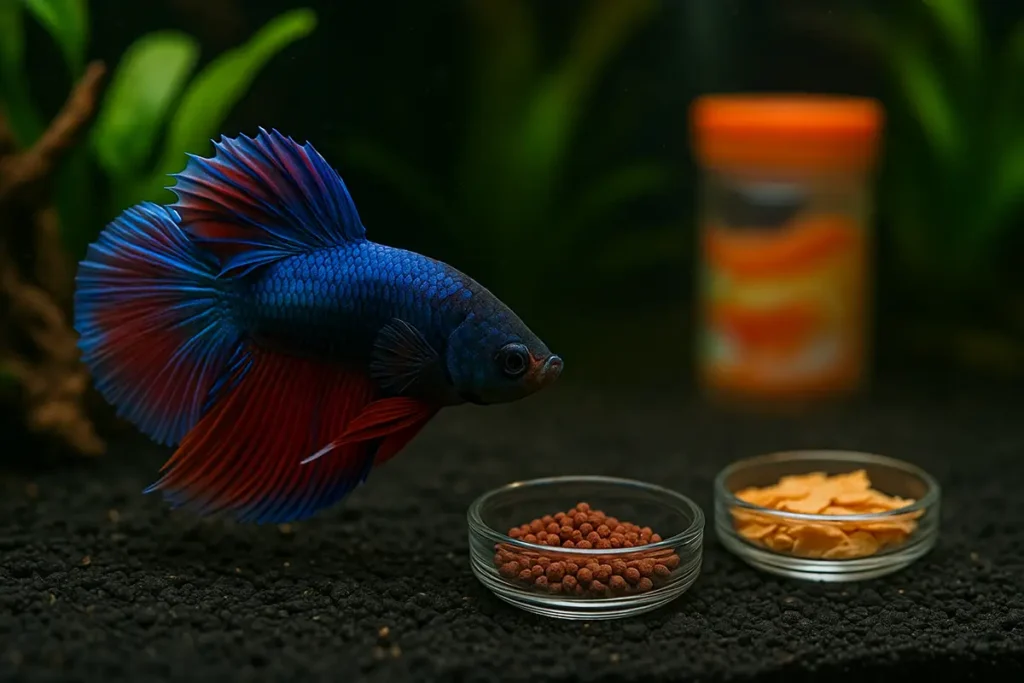 A blue and red betta fish choosing between a dish of betta pellets and a dish of goldfish flakes, illustrating the question 'Can bettas eat goldfish food?'